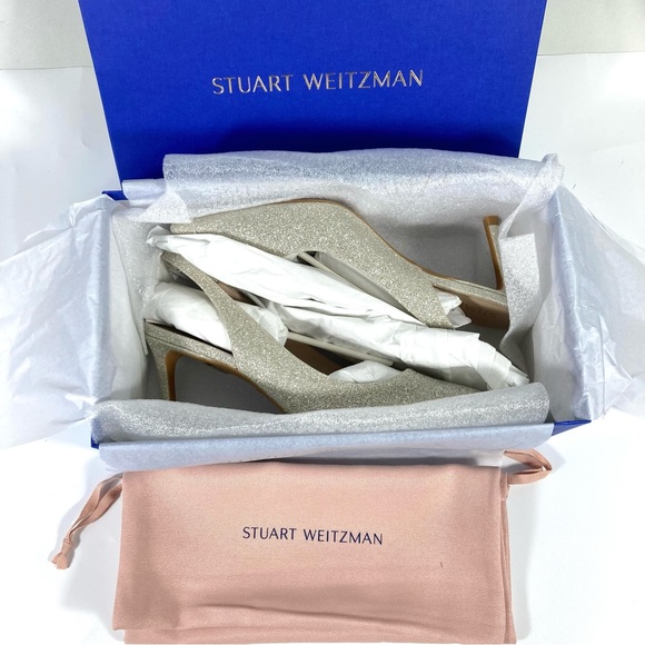 NWB Stuart Weitzman Linsi 75 Pointed Toe Glitter Slingback Pump Glitter Platino - Picture 16 of 17